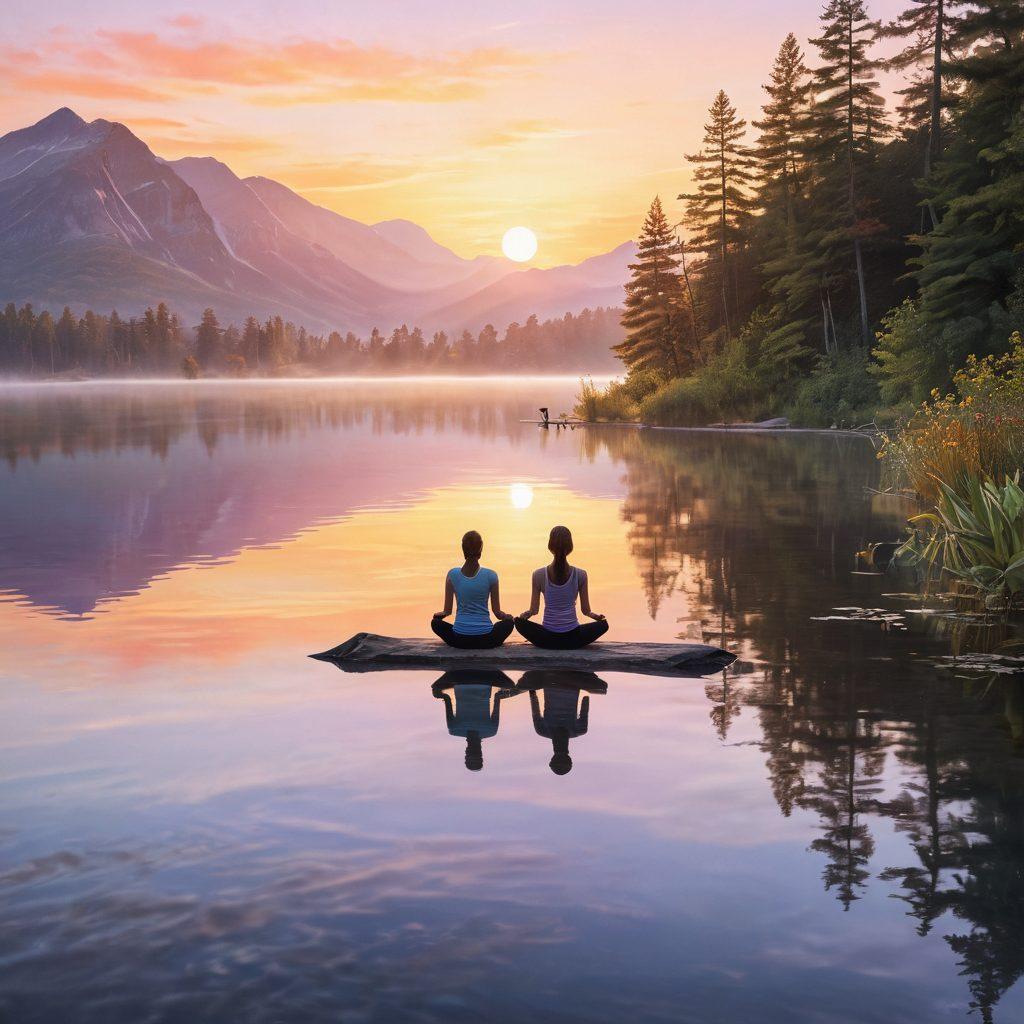 A serene landscape depicting a sunrise over a tranquil lake, symbolizing hope and new beginnings. In the foreground, diverse individuals of varying ages and backgrounds are engaging in wellness activities like yoga and meditation, radiating positivity and strength. Soft pastel colors dominate the scene, with gentle light reflecting on the water, creating a feeling of calm and empowerment. super-realistic. vibrant colors. uplifting atmosphere.