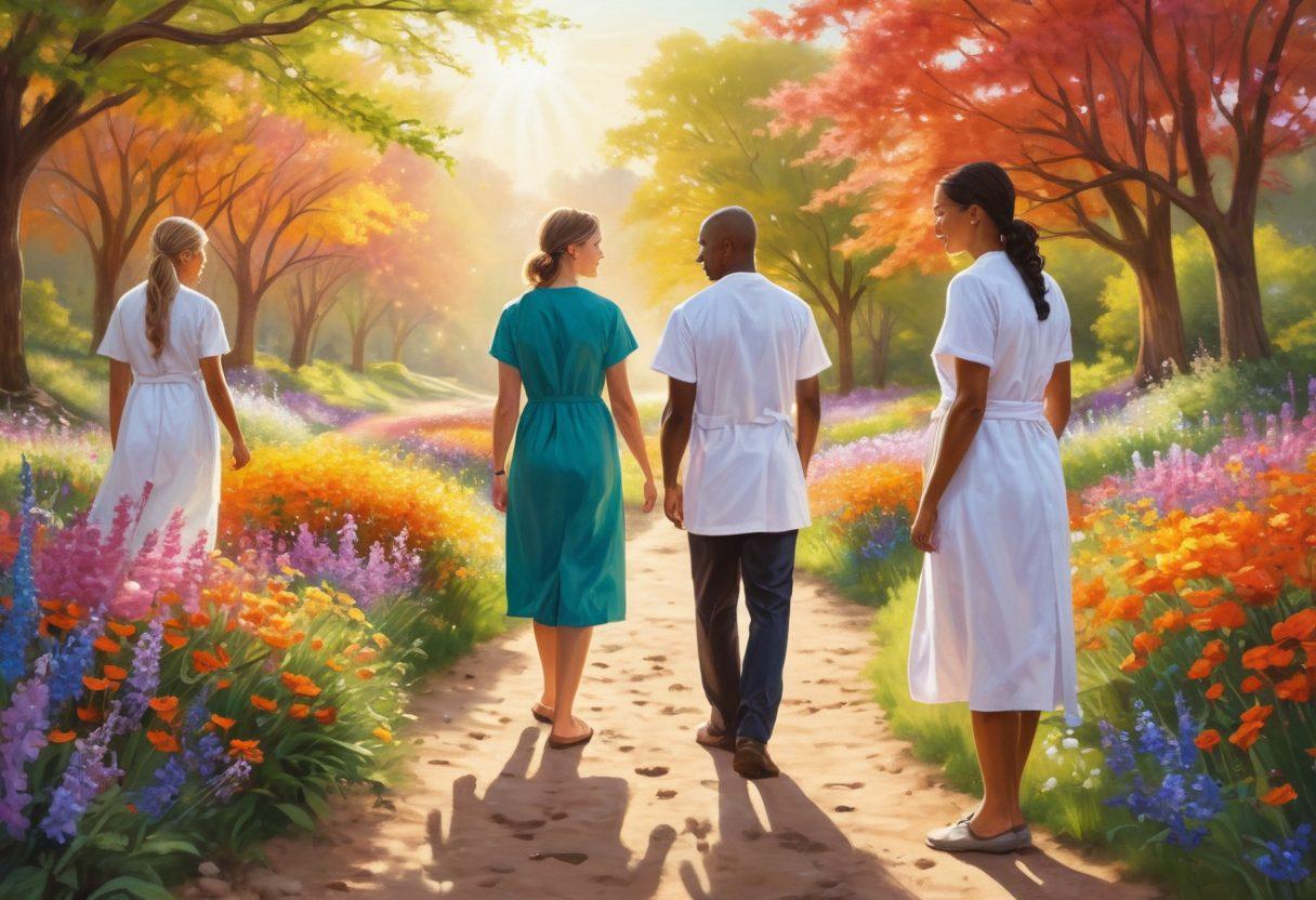 A serene, radiant landscape symbolizing hope, featuring a diverse group of individuals engaged in uplifting conversations, surrounded by blooming flowers and soft sunlight. Integrate subtle elements of medical symbols like stethoscopes and ribbons into nature to represent health and wellness. Depict a path winding through this scene, inviting onlookers to join in the journey of healing and inspiration. bright colors. soft focus. painting.